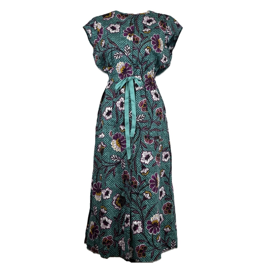 Teal Floral Maxi Dress with Waist Tie